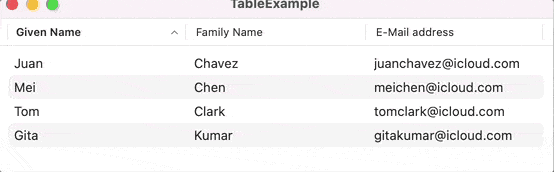 Sortable table on MacOS
