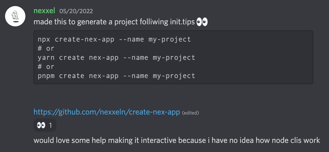 04 - nexxel's first discord message about create-nex-app