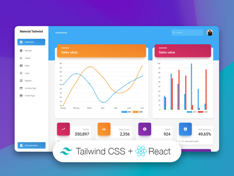 Material Dashboard - Built with React & Tailwind.