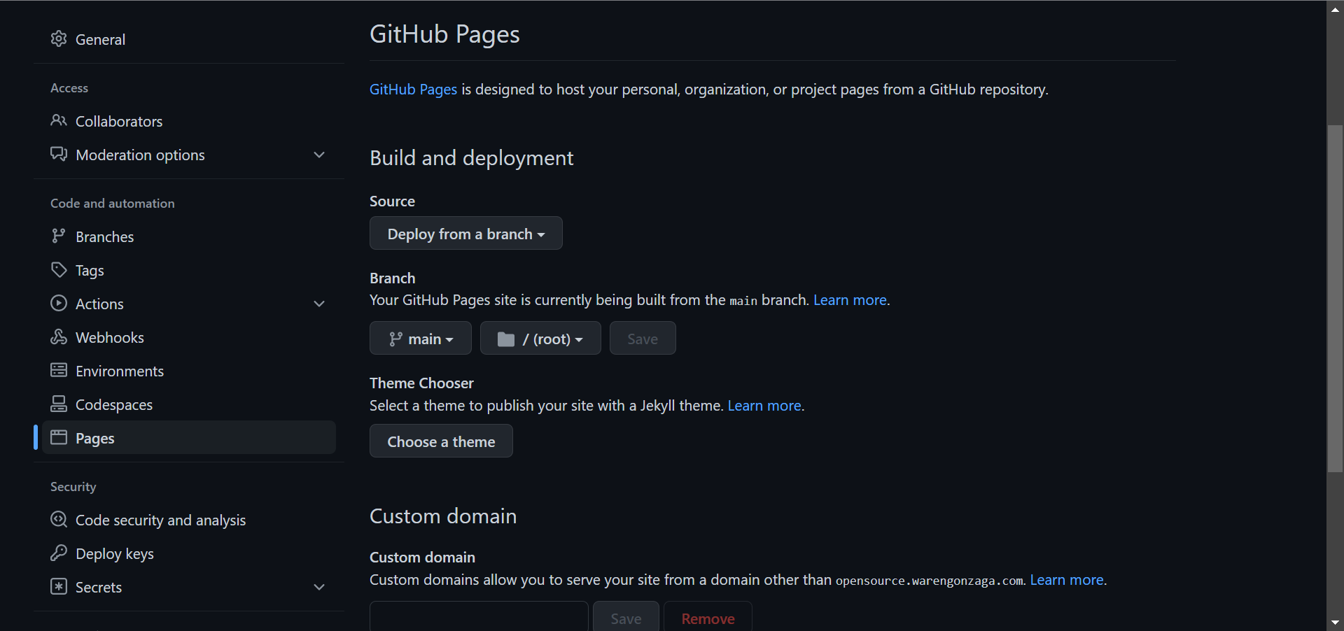 GitHub pages settings