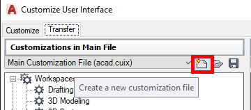 Screenshot highlighting the create new customization file button