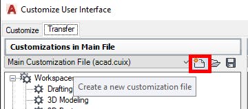 Screenshot highlighting the create new customization file button