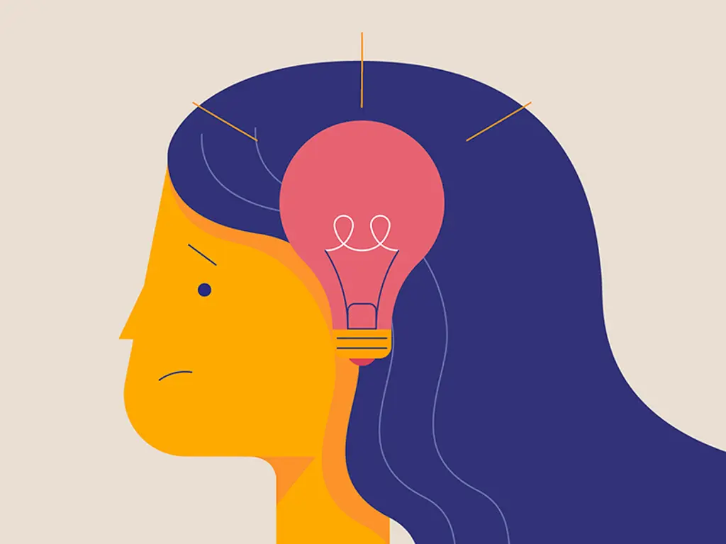 Drawing of women's profile with long black hair with a worried look on face and lightbulb over head