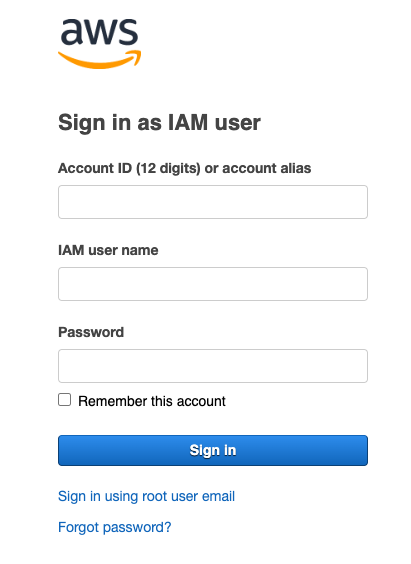 AWS sign in screen IAM user