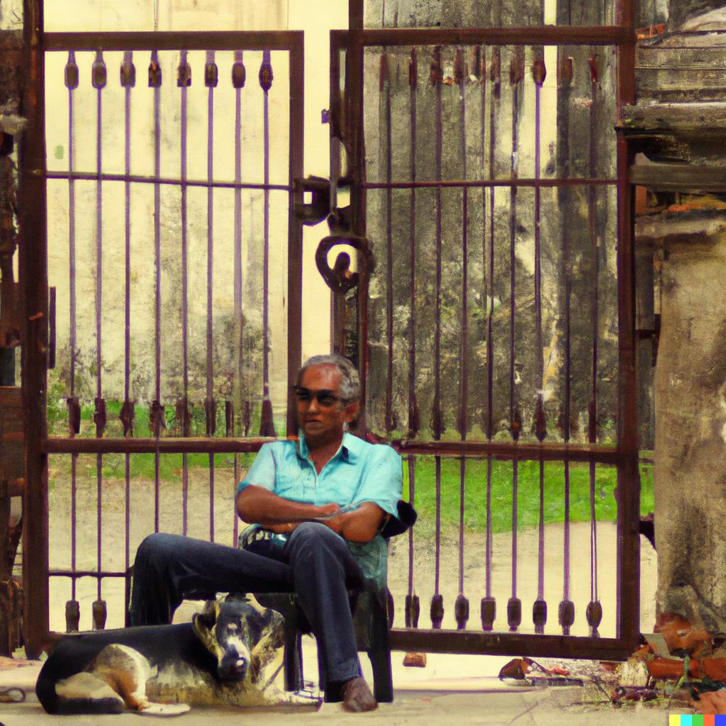 DALL·E 2022-08-20 16.28.23 - a watchman sitting  on a chair and a dog beside him guarding a big Gate.png