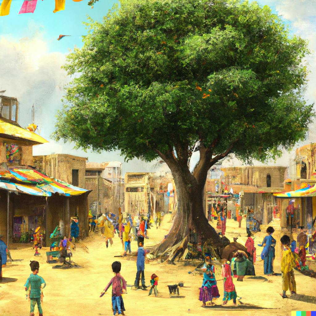 DALL·E 2022-08-20 16.28.06 - a busy market in india on a sunny day with a big tree at the centre and children are playing around it, digital art.png