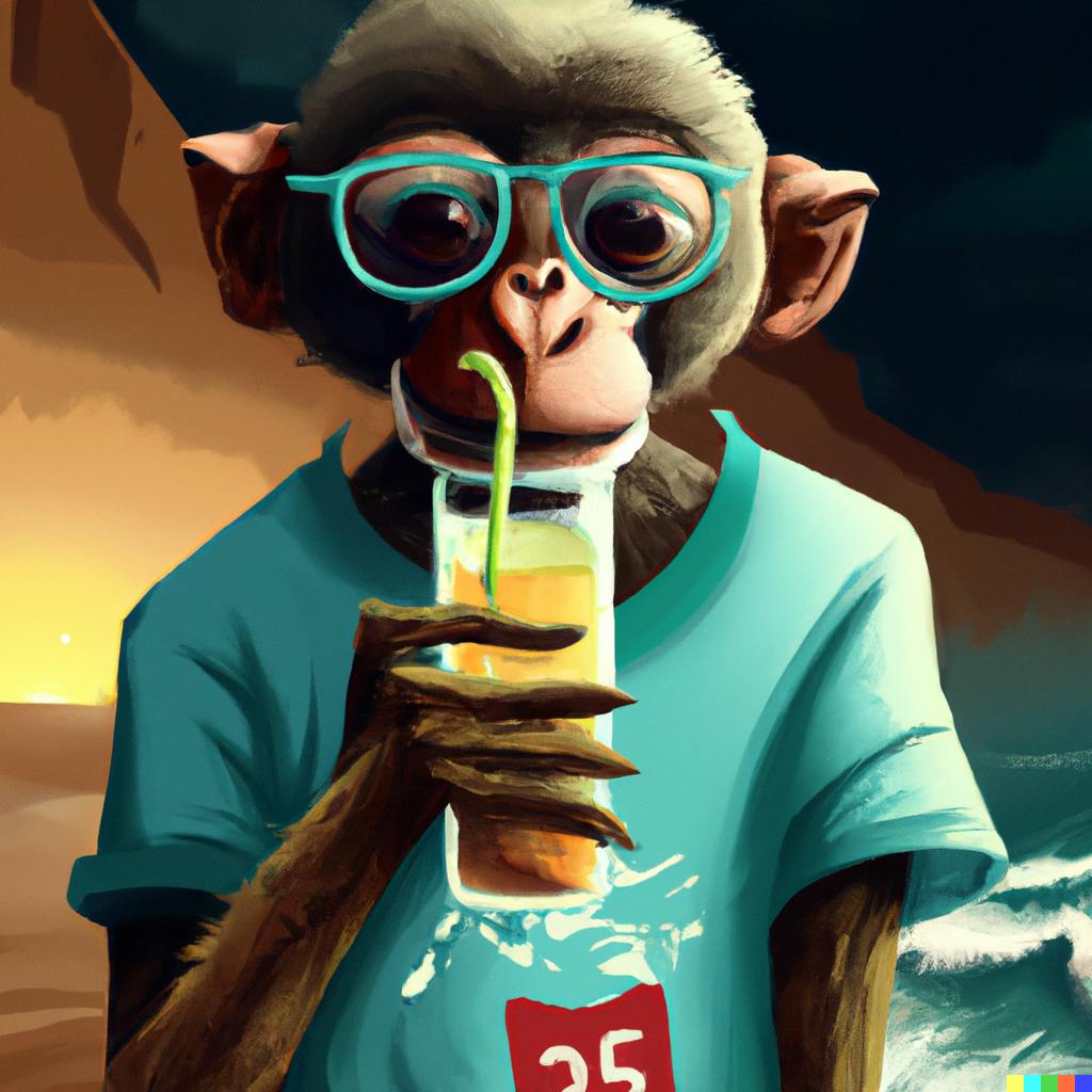 DALL·E 2022-08-20 16.27.35 - a potrait of a monkey wearing a tshirt and drinking lemonade on a beach, people are scared and a tsunami is approaching,digital art.png