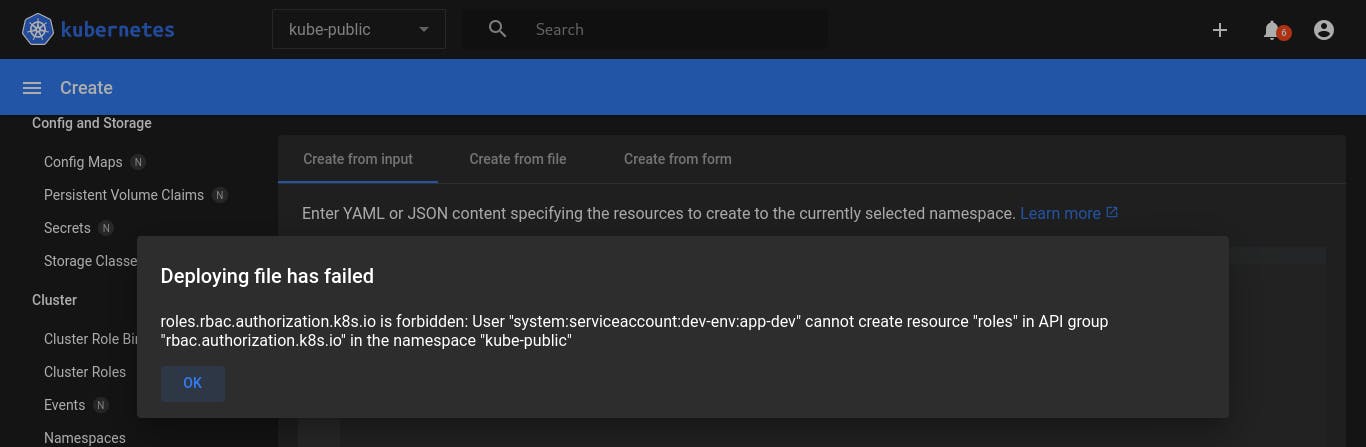 test-admin role creation failed in kube-public namespace