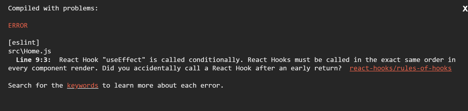 React Hook "useEffect" is called conditionally. React Hooks must be called in the exact same order in every component render. Did you accidentally call a React Hook after an early return?