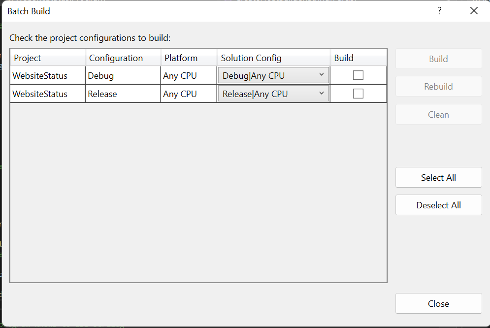 A screenshot of the build selection page