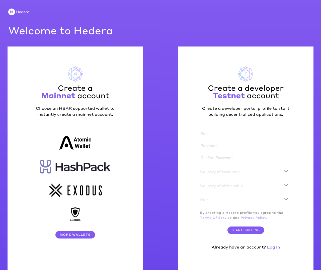 Hedera portal signup page