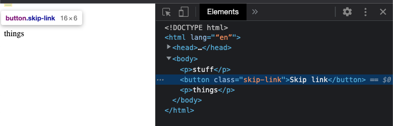 A button selected in the DOM tree in the DevTools Elements view and a flag showing where the element is on the page and its size