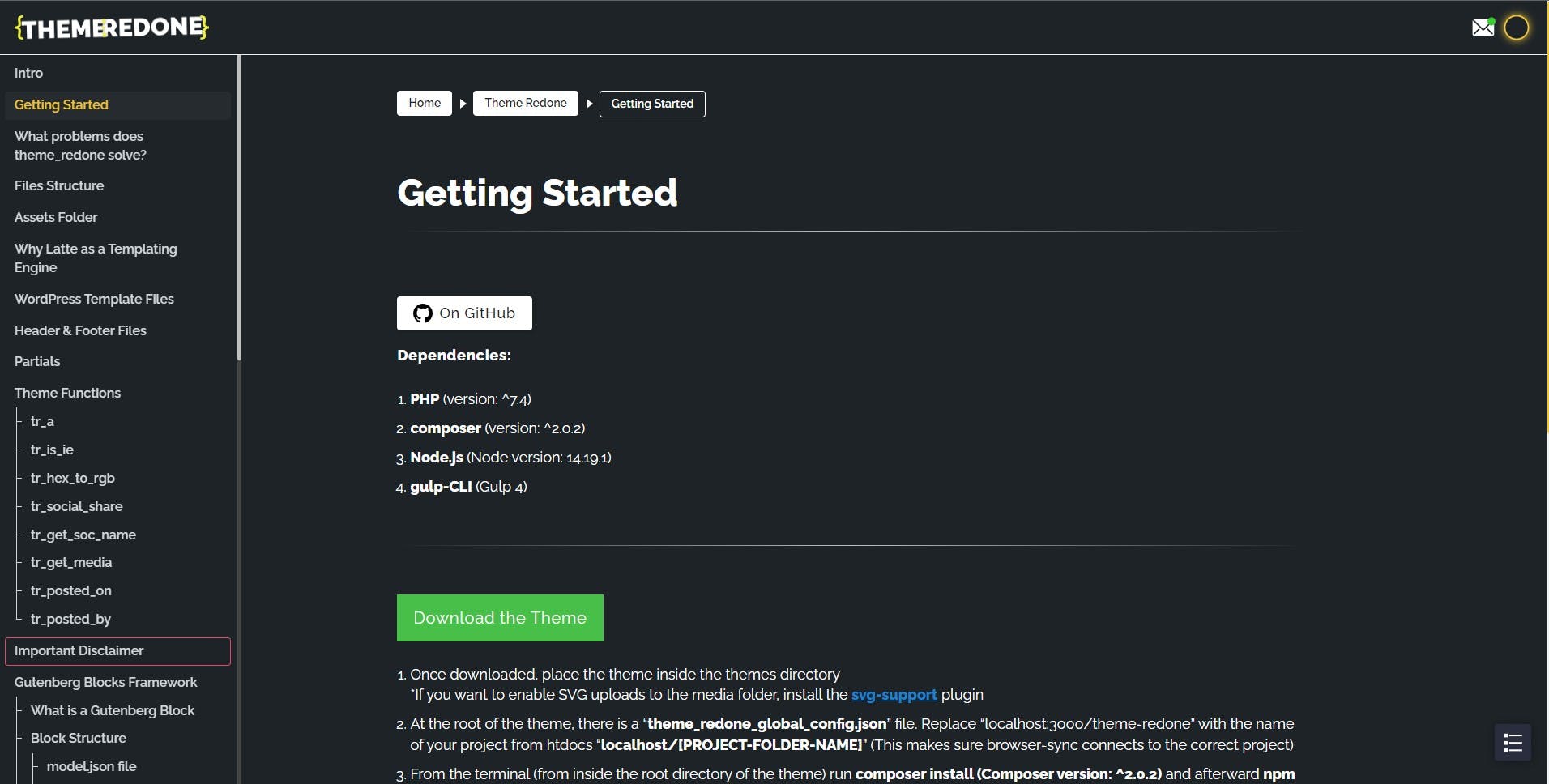 Theme Redone WordPress Starter Theme docs screenshot