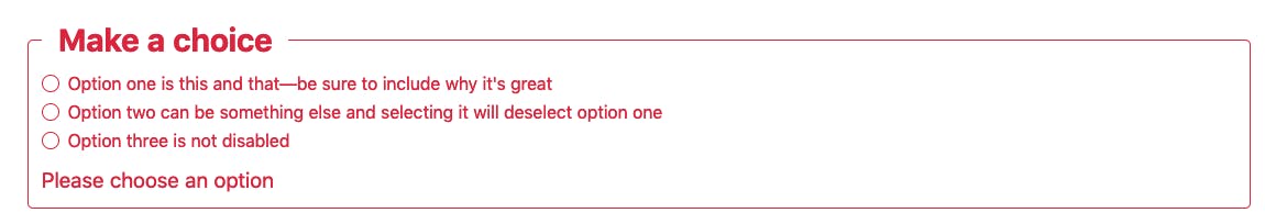 Invalid radio buttons in a fieldset, the fieldset border and label as well as the radio buttons and their labels are all red