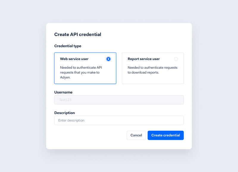 API credentials Create screen