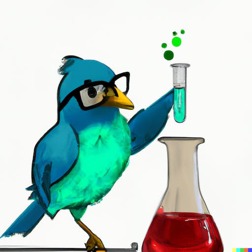 Blue bird in a lab holding a test tube