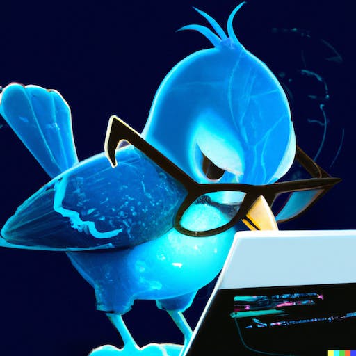 Blue bird with its beak in front of a computer