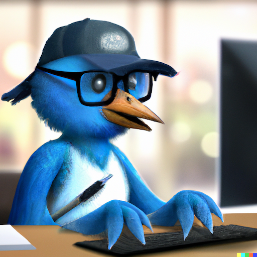 A blue bird wearing a cap in front of a computer