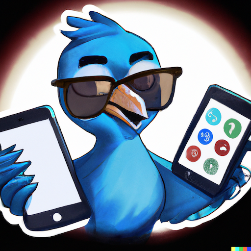 A blue bird holding two phones