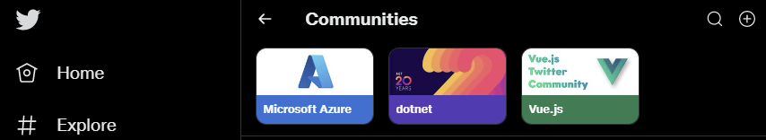 Twitter website that displays several communities: Vue.js, Microsoft Azure, dotnet.