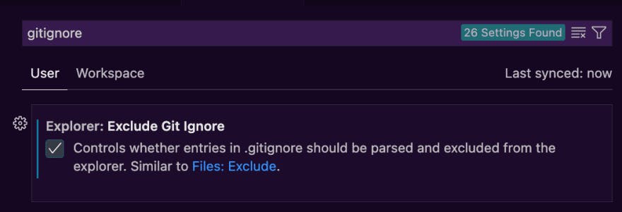VS Code user settings user interface open and filtered on the word gitignore
