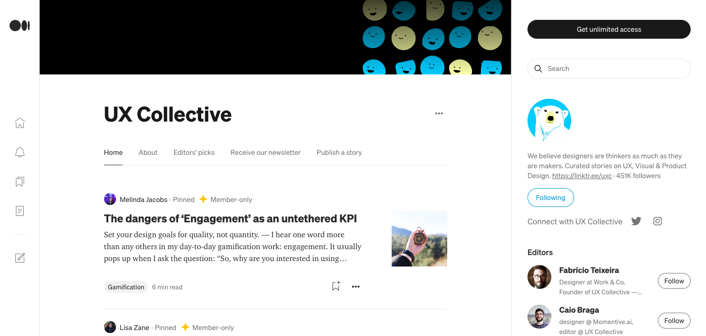 Homepage of UX Collective