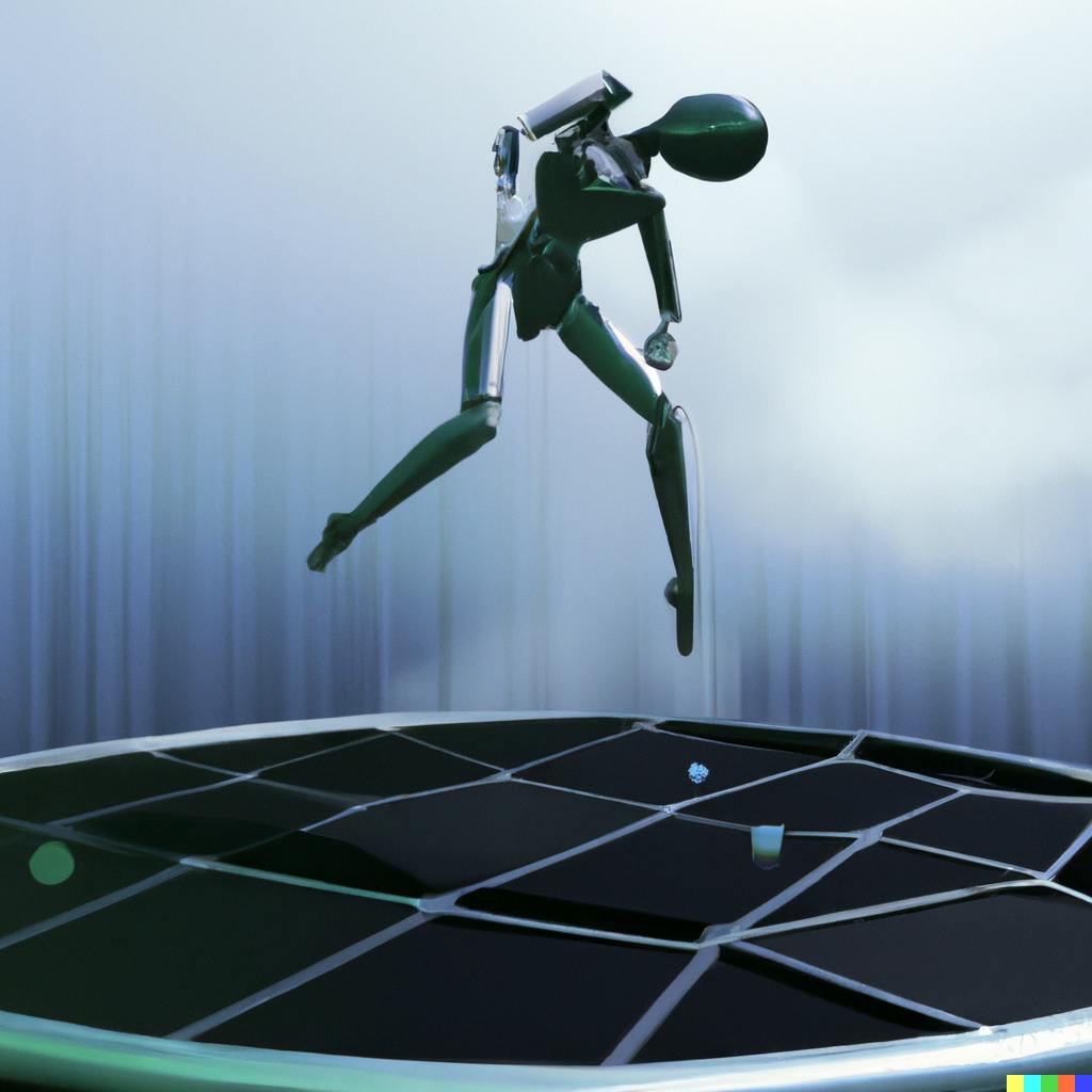 DALL·E 2022-08-30 15.41.41 - An Android jumping on a trampoline, vaporware, low angle.png