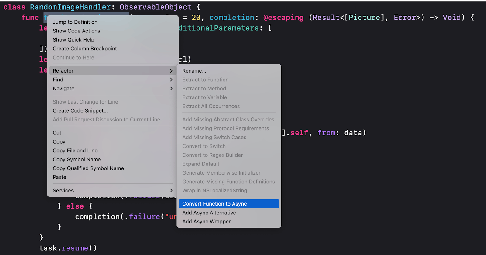 Xcode's refactoring options for async/await
