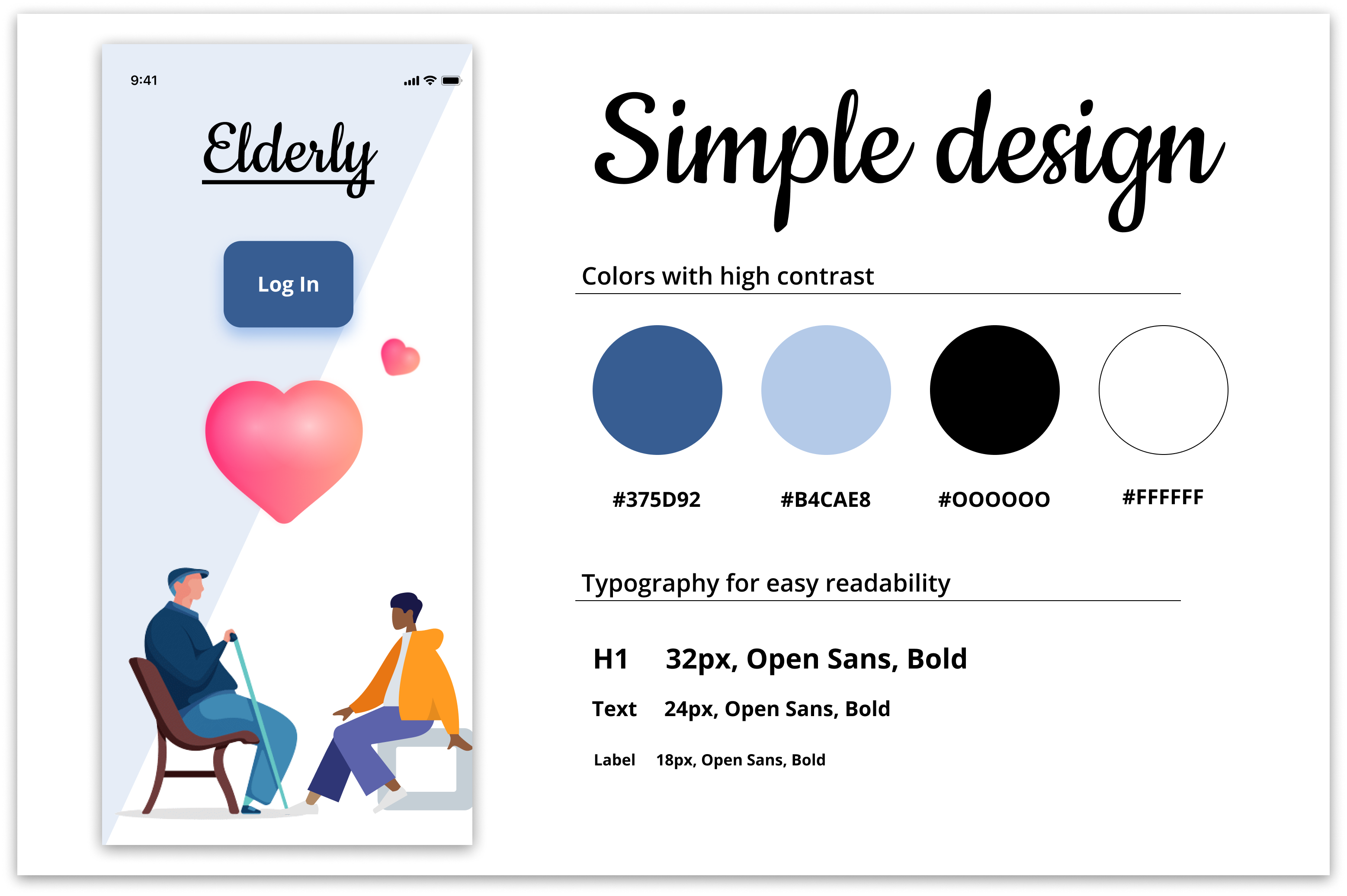 Explanation of simple design regarding color, typography and iconography with accessibility in mind