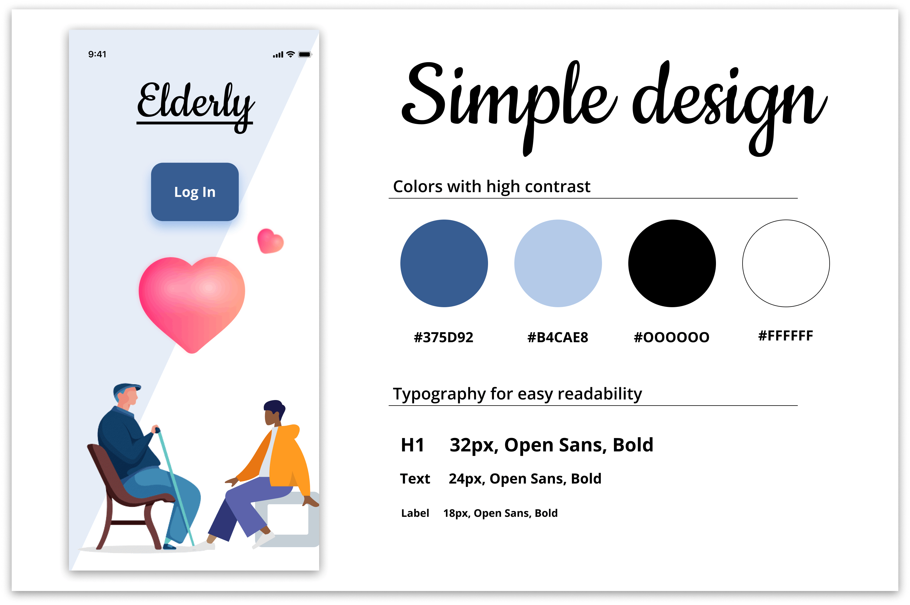 Explanation of simple design regarding color, typography and iconography with accessibility in mind