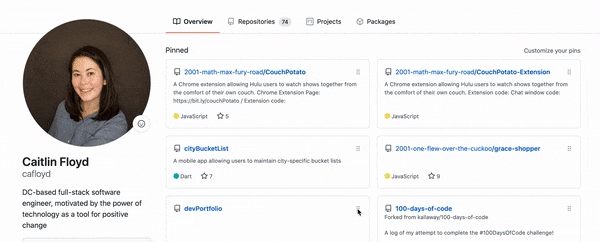 Customized pinned repositories displayed on a Github profile