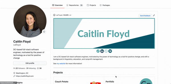 A screenshot of my Github profile, which includes a banner image with my name; links to my portfolio, LinkedIn, Twitter, and blog; a brief bio; and some highlighted projects