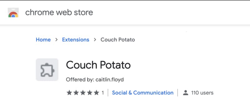 A screenshot from the Chrome web store page for Couch Potato, showing a five star rating and 110 users