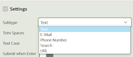 Screenshot showing the options available for the Subtype attribute of a Text Field item type