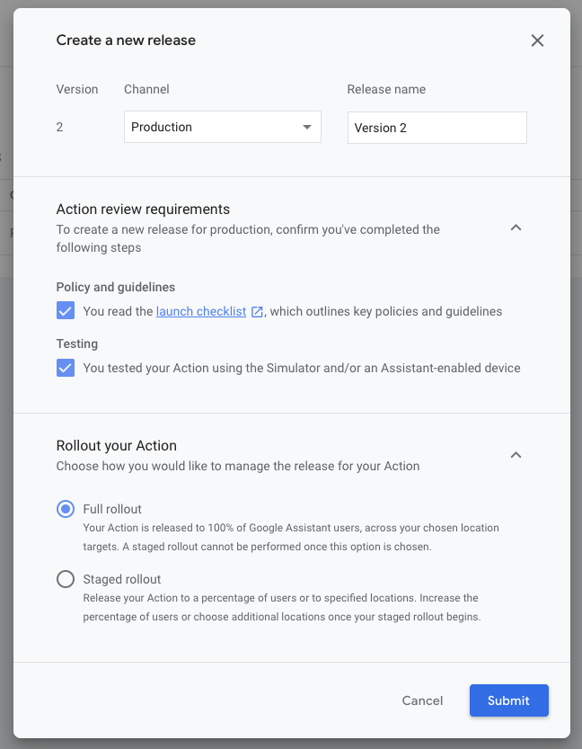 Google action release checklist