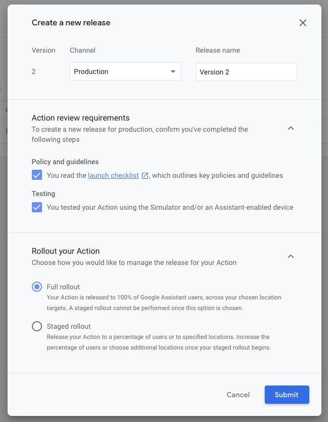 Google action release checklist