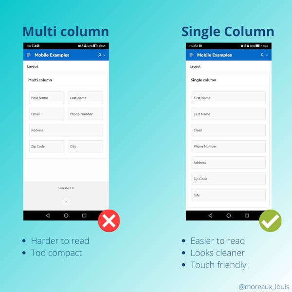 Screenshot showing the differences between single column and multi column layout
