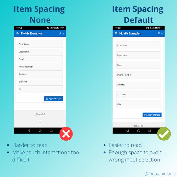 Screenshot showing the differences of removing the item spacing or keep the default value