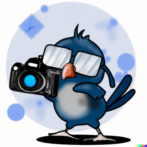 A blue bird holding a camera