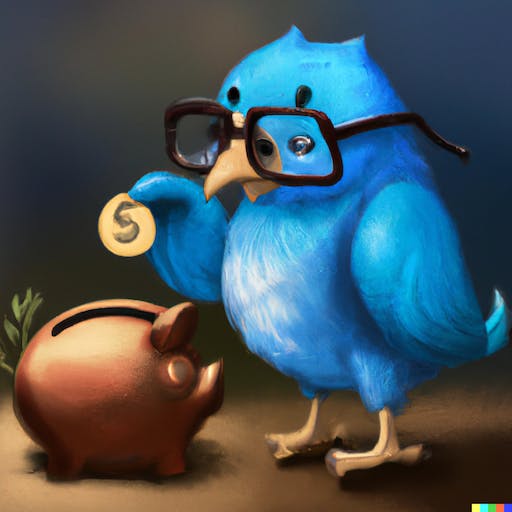 A blue bird putting a coin in a piggy bank
