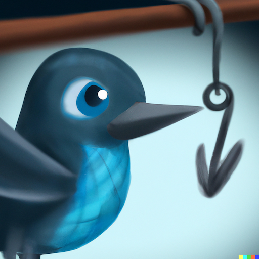 A blue bird pointing at a hook with its beak