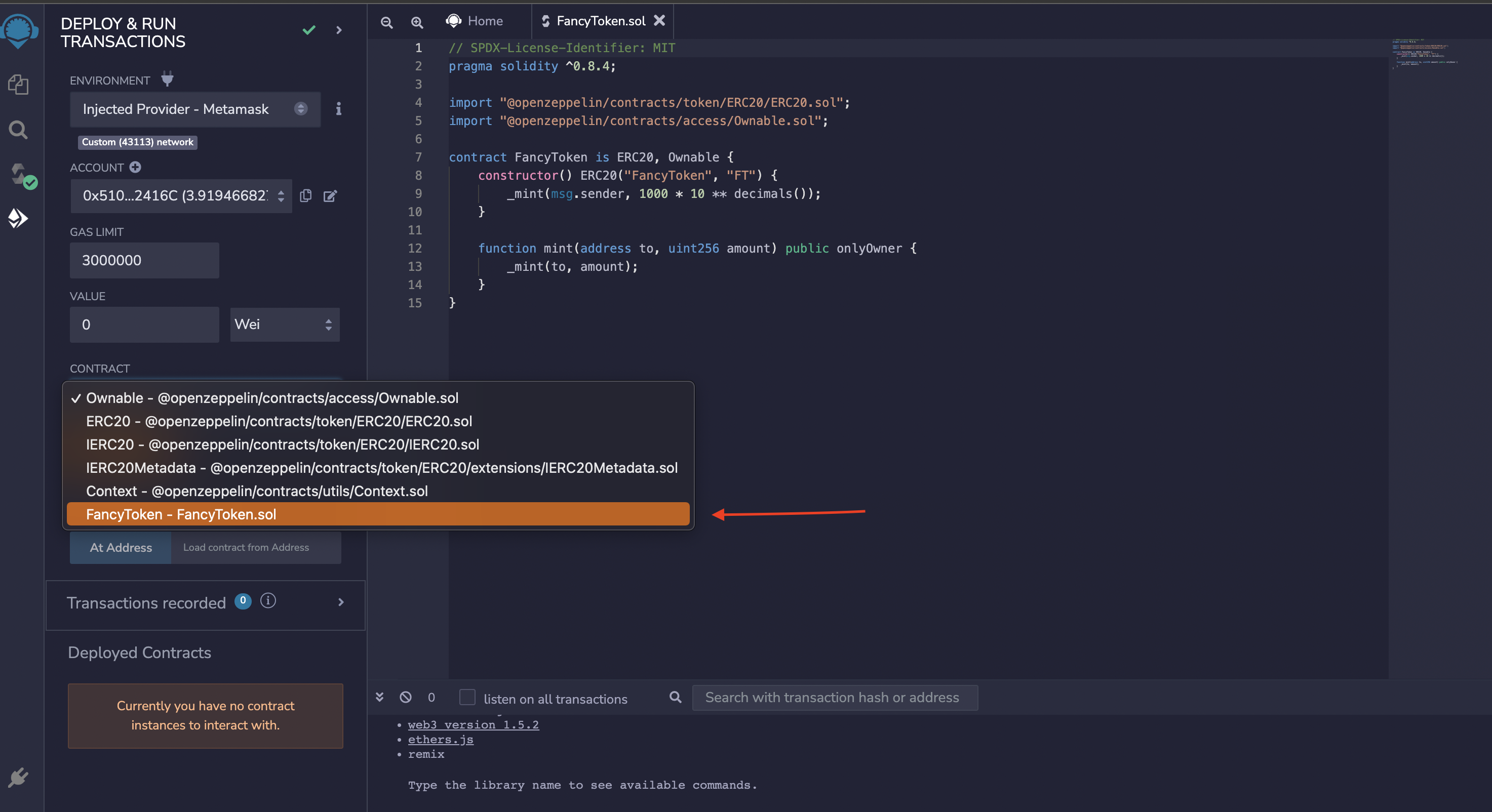 Select smart contract to deploy on Remix IDE