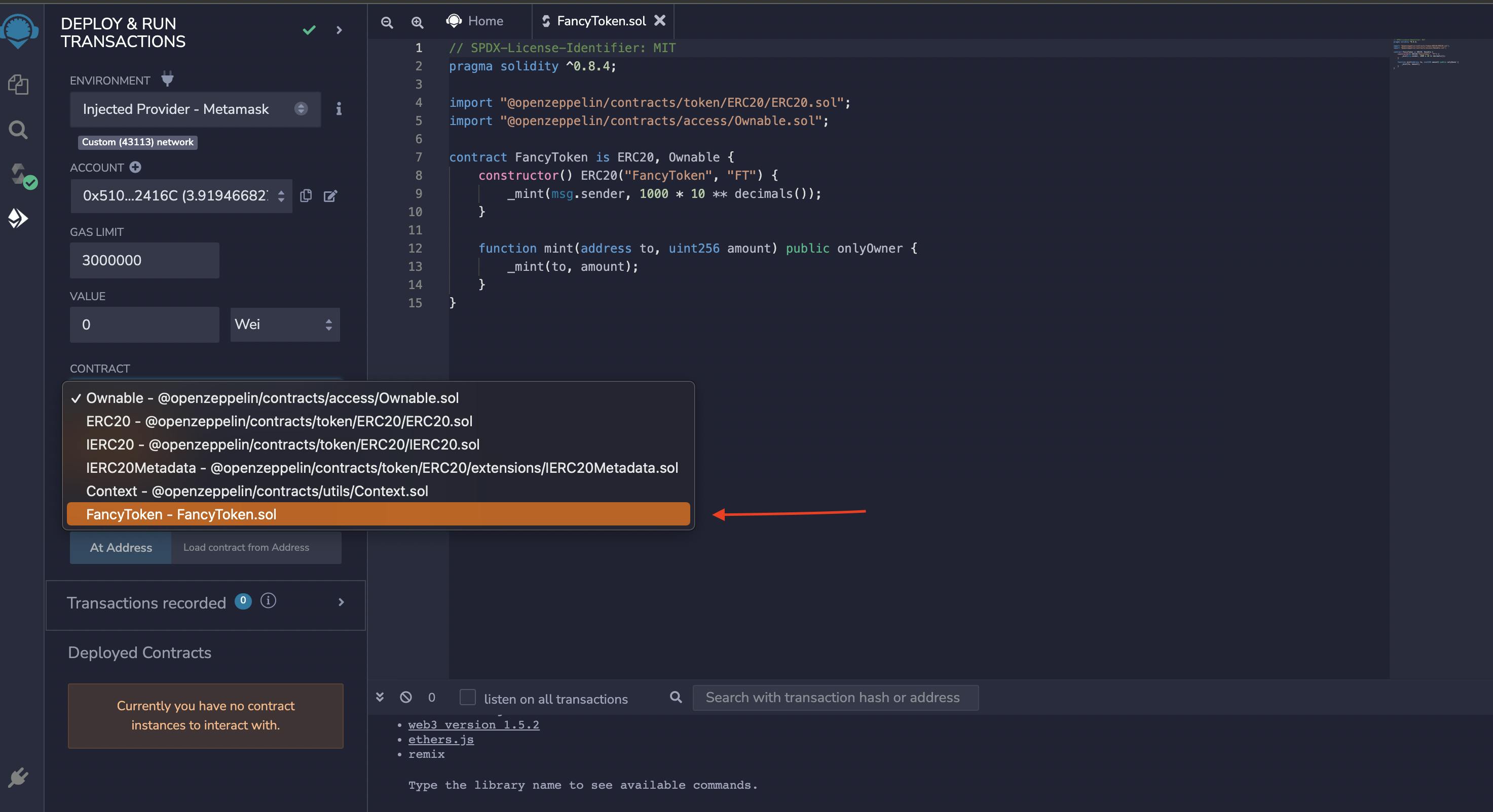 Select smart contract to deploy on Remix IDE