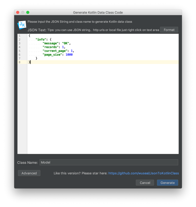 Example of the usage of the JSON To Kotlin Class plugin in Android Studio