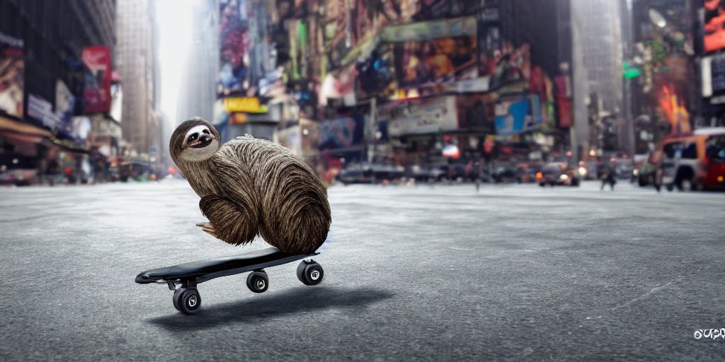 a sloth riding on a skate in the streets of New York