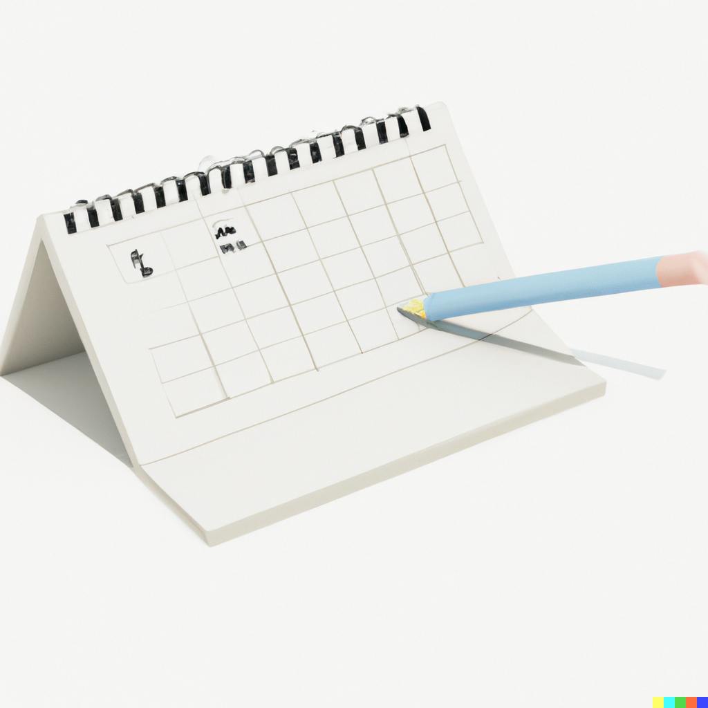 DALL·E 2022-09-10 11.23.23 - Isometric 3d render of a pencil writing on a monthly calendar, white background, ambient occlusion, cute,.png