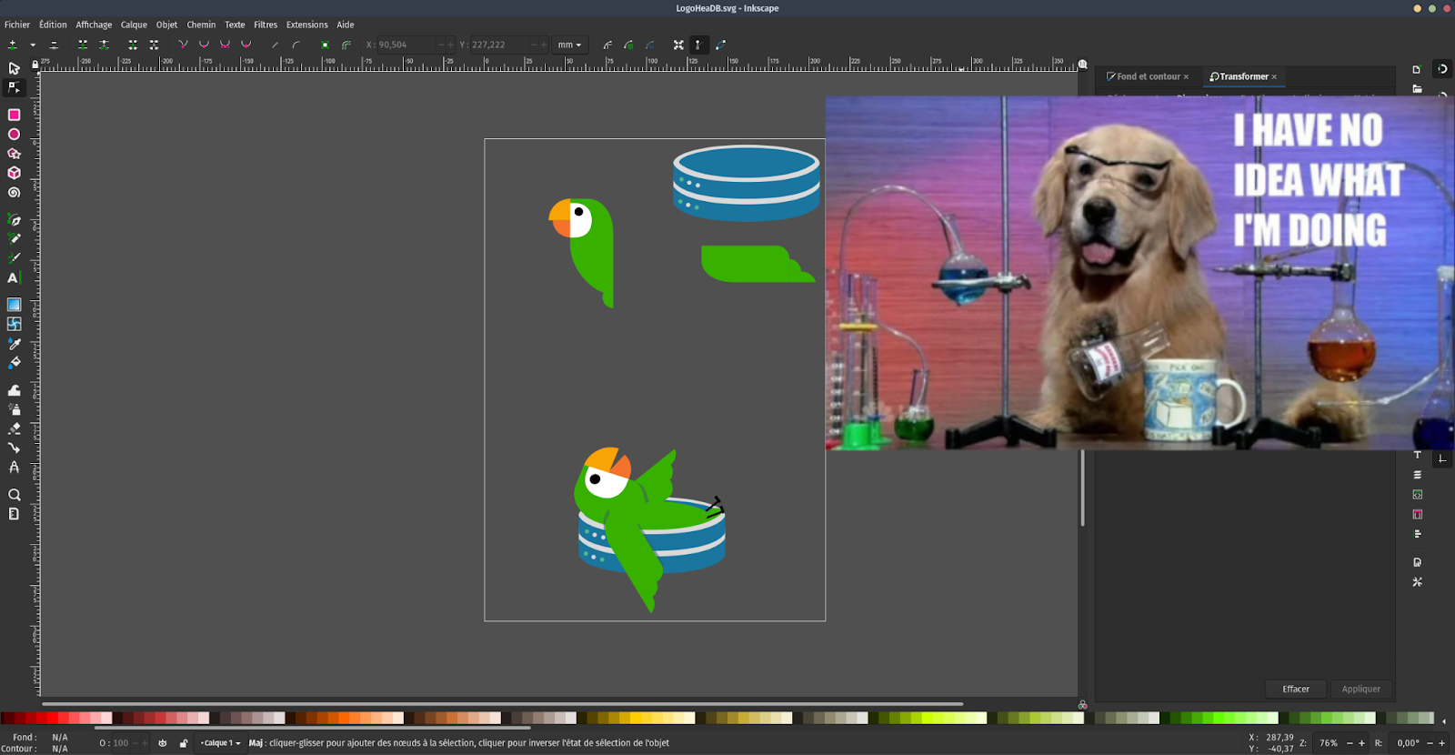 Inkscape workspace with a dog that says I have no idea what I'm doing