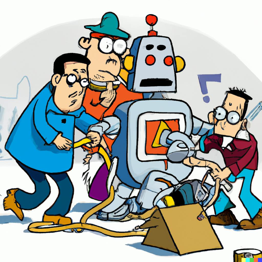 DALL·E 2022-09-10 16.30.06 - A caricature of a team trying to fix a robot.png
