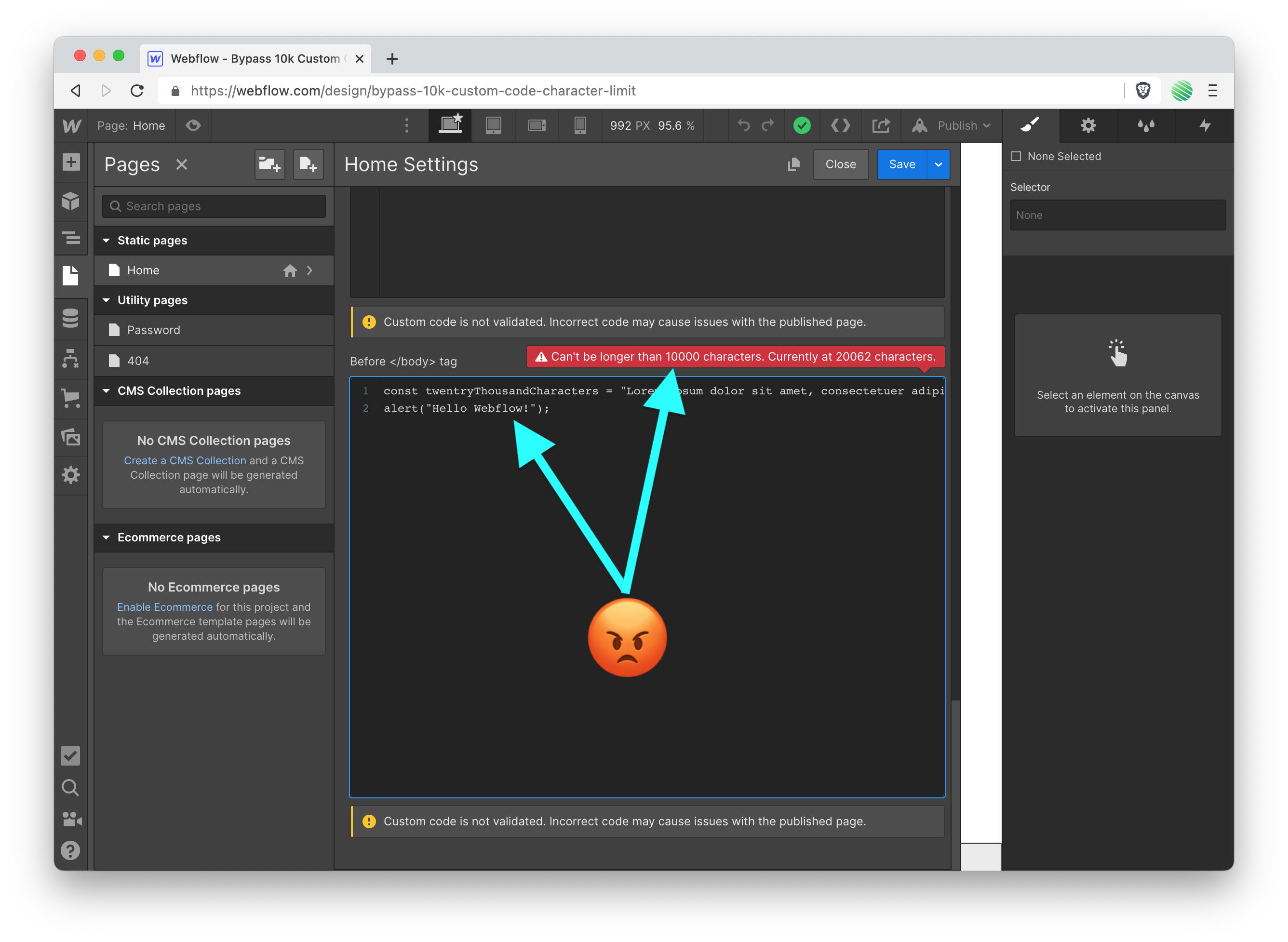 How to bypass Webflow's 10k character limit with Javascript