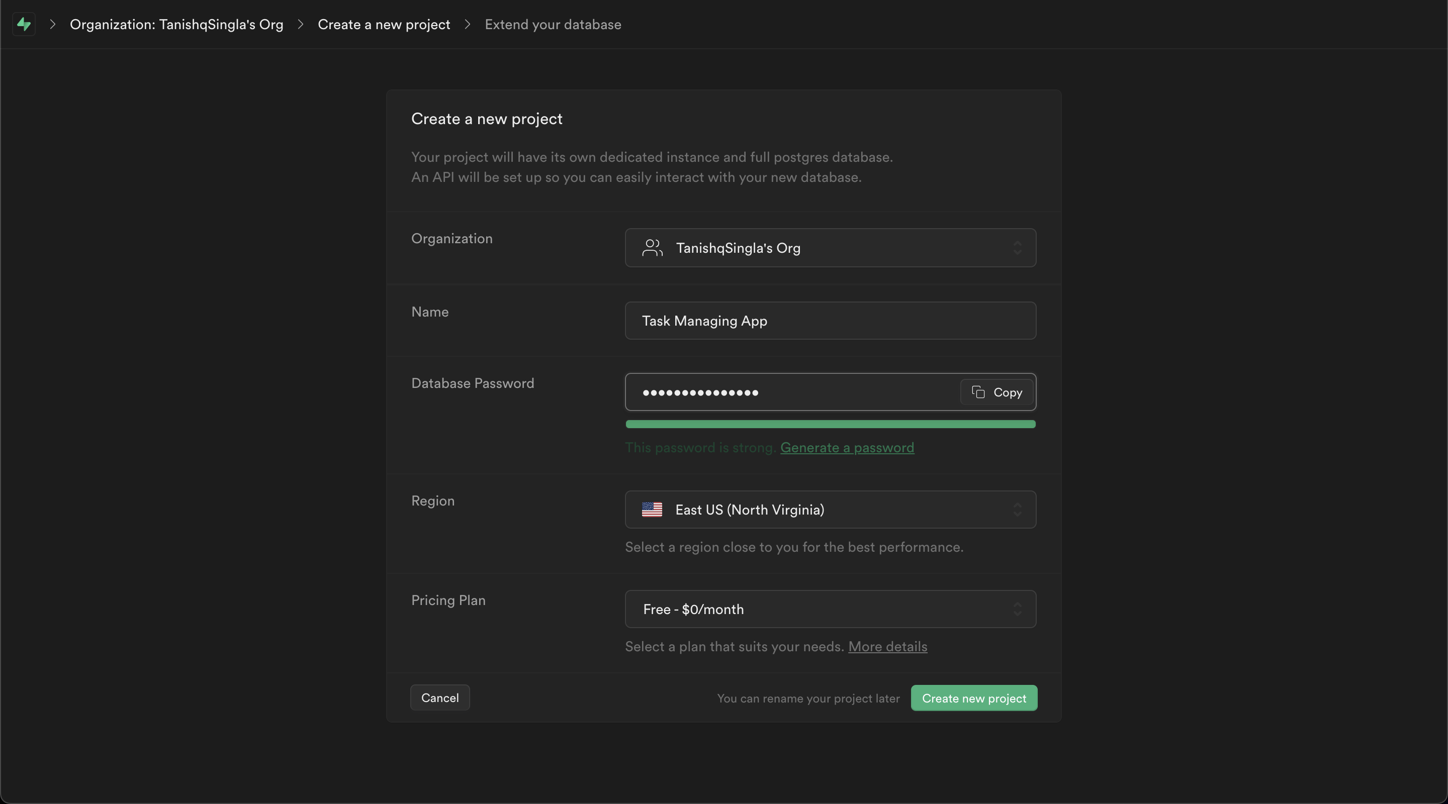 Screenshot of supabase create project form